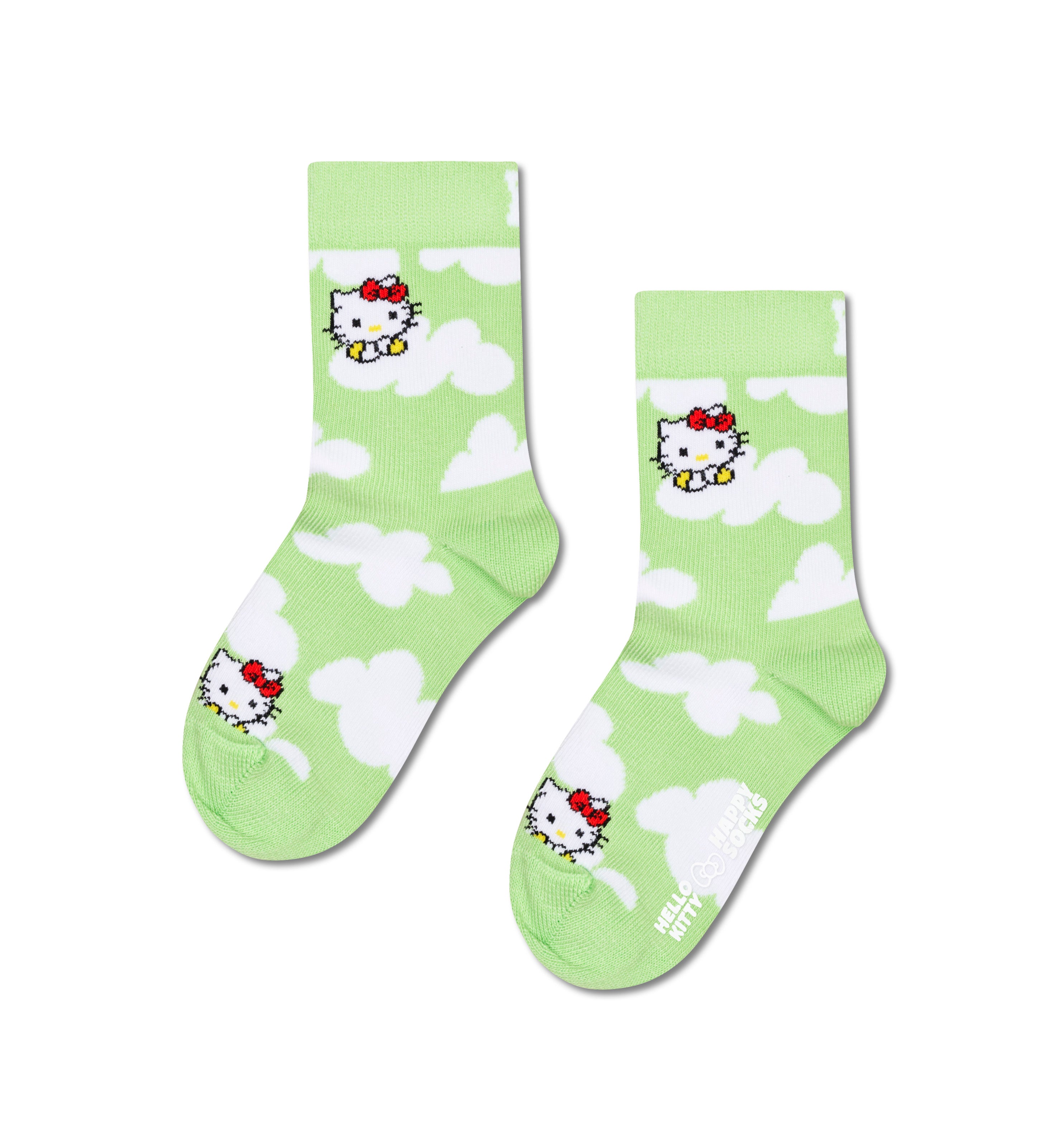 Product photo: a pair of pale green kids' crew socks with white clouds and small Hello Kitty faces, laid flat on a white background.