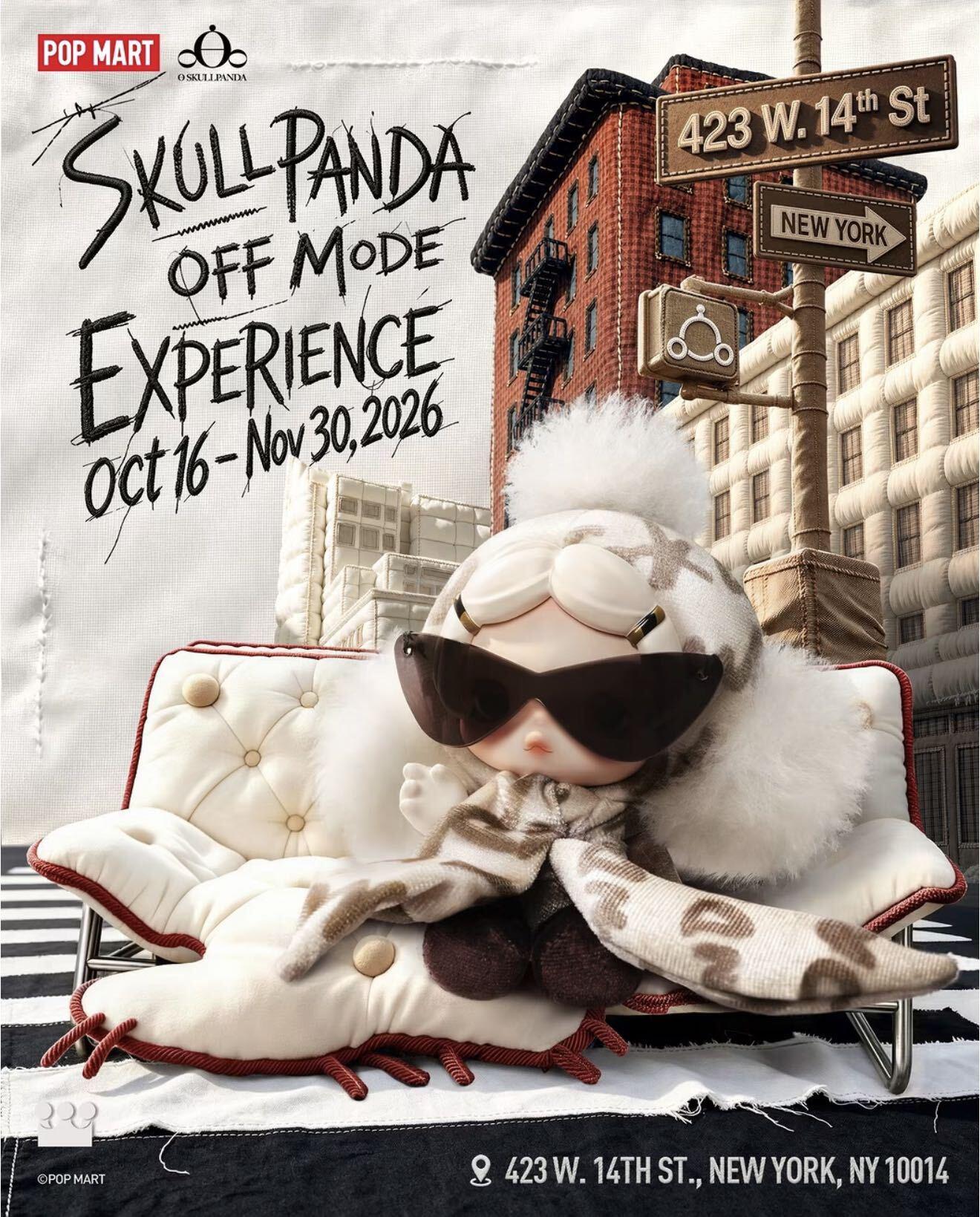 Poster for the SKULLPANDA Off Mode Experience, 16 October to 30 November 2026, showing a SKULLPANDA figure in sunglasses and a fluffy hood lounging on a white sofa on a New York street.