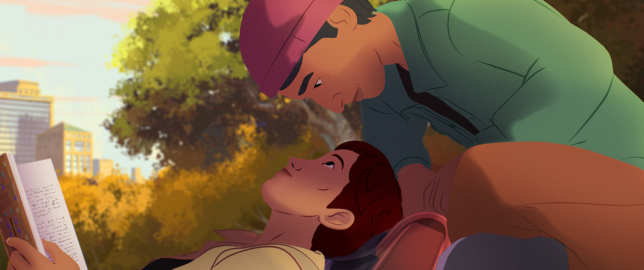 Animated still from In Waves: a young man in a cap and green shirt leans over a young woman lying on the grass with a book, with city towers and autumn trees behind them.