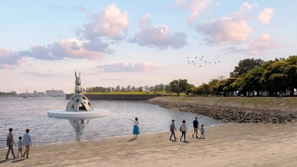 Computer-generated concept visual of Leiko Ikemura's six-metre silver rabbit sculpture on a white platform floating off a beach at Odaiba Marine Park, with visitors walking along the shore; a rendering, not a photograph of the installed work
