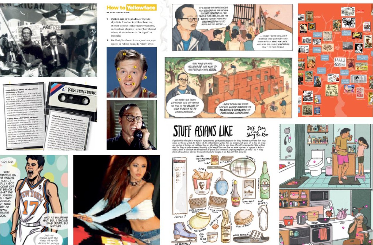 A collage of illustrated pages from the book RISE, including comic panels, a basketball player in a New York Knicks shirt, a mixtape cassette, a hand-drawn page titled Stuff Asians Like, and a cartoon of a family kitchen.