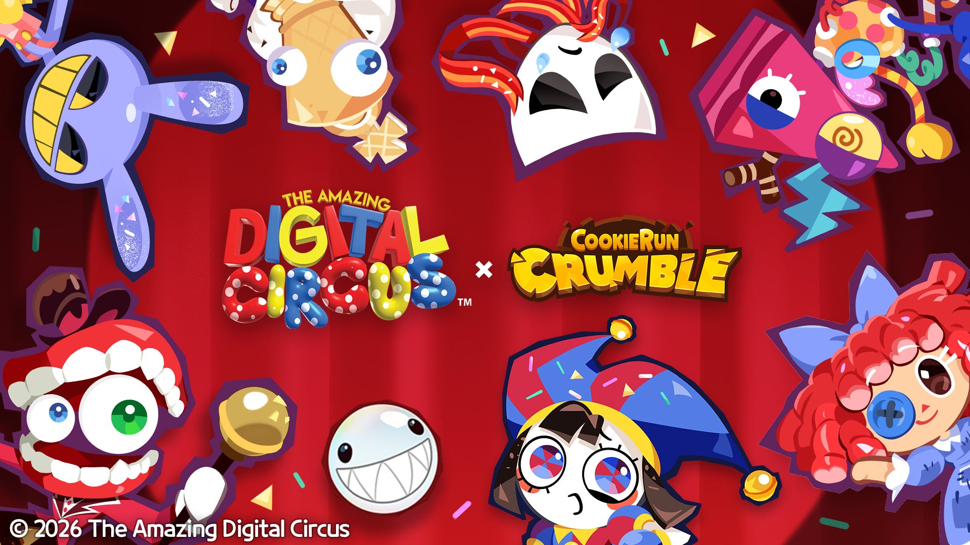 Key art for The Amazing Digital Circus x CookieRun: Crumble, with the show's cast drawn in CookieRun style around the two logos on a red curtain.