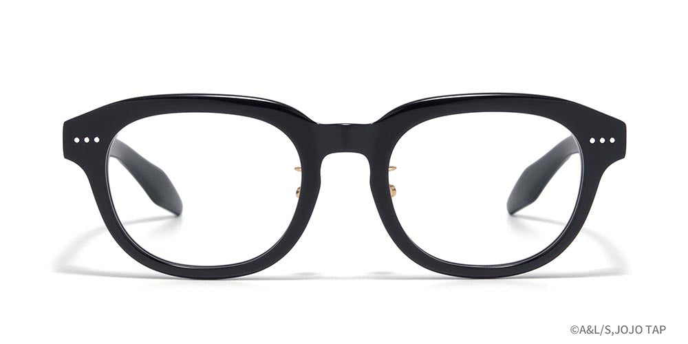 Front view of the black Jotaro Kujo frame from JINS on a white background, with three small metal studs at each corner.