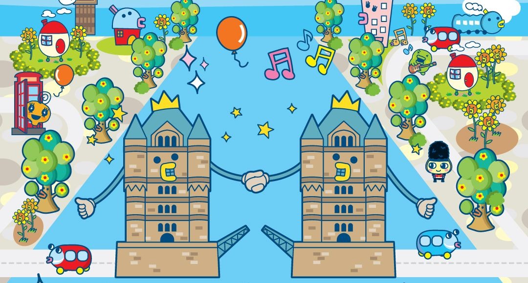Illustration from Bandai's Tamagotchi London pop-up poster: Tower Bridge drawn as two smiling towers holding hands over the Thames, with Tamagotchi characters, a red phone box, buses and trees along the banks.