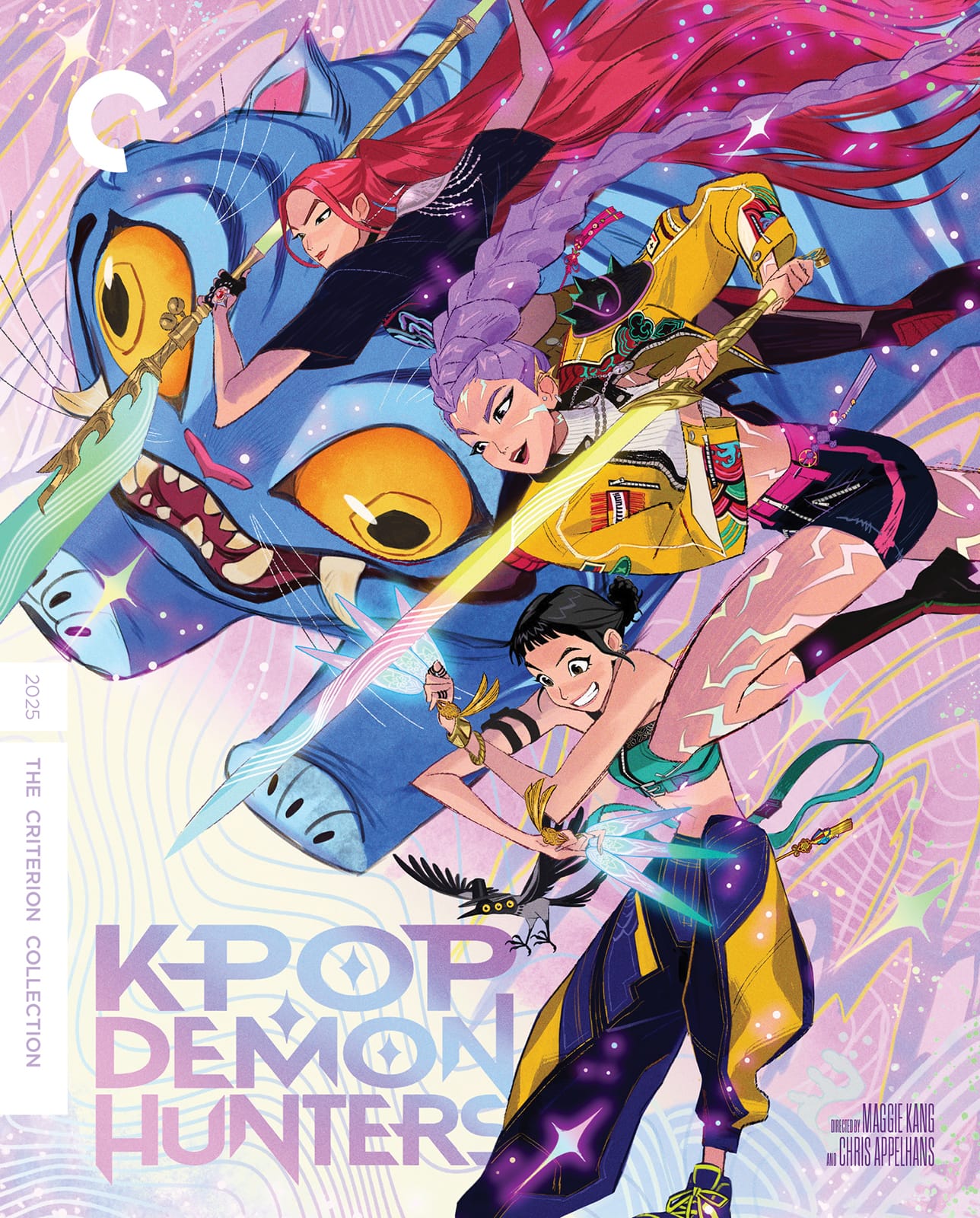 Criterion Collection cover art for KPop Demon Hunters: three figures with glowing weapons leap in front of a large blue creature with orange eyes, pastel patterned background, title in pink lettering.